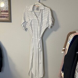 Ecru‎ Striped Shirt Dress White Black Short Sleeve Midi Casual S